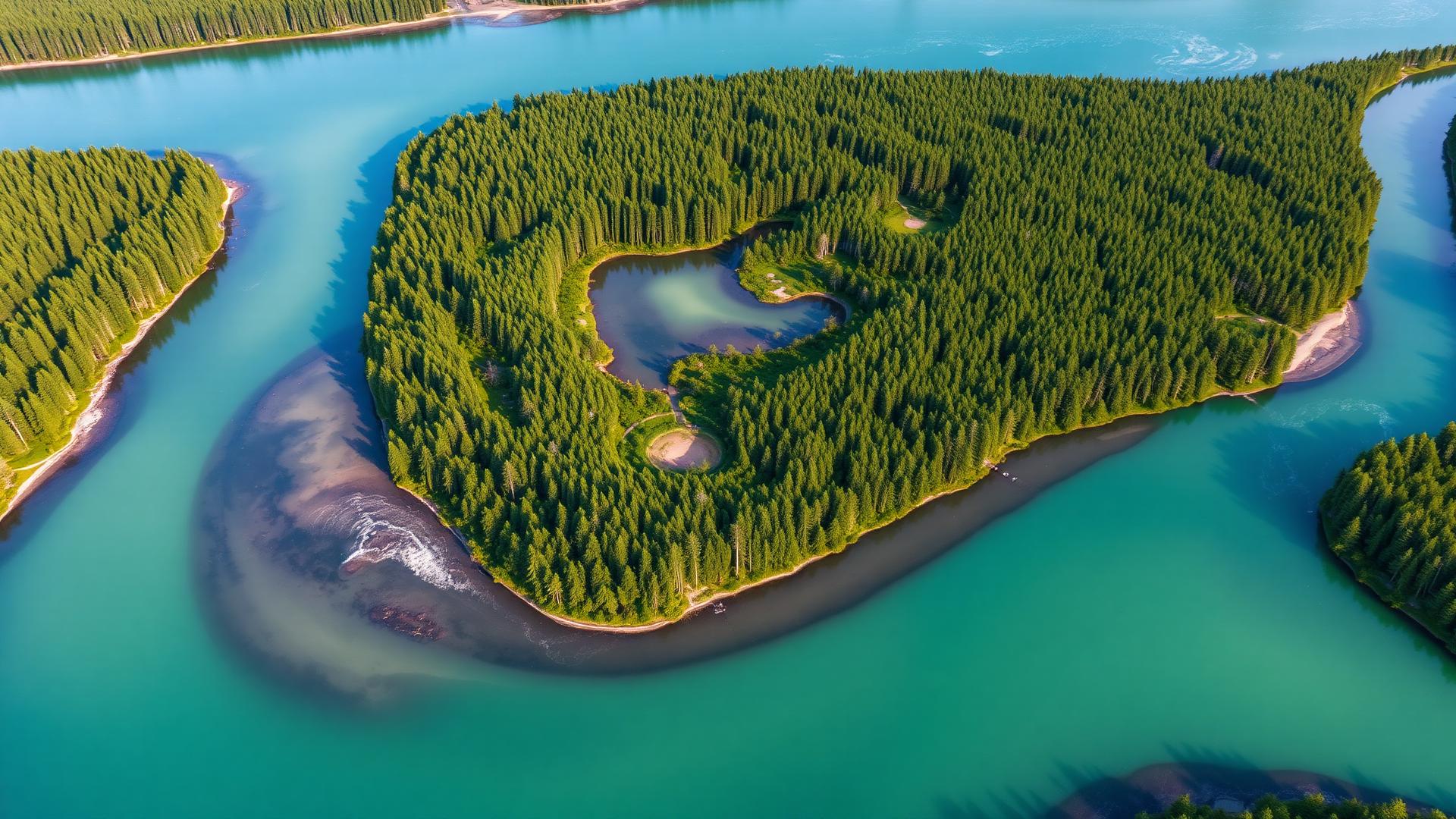 Aerial view of a clear freshwater river winding through forest